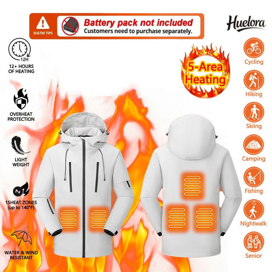Five-Zone Heated Hooded Coat Thicken Warm Men Women Outdoor Sport Jacket Autumn Winter Warm Jacket (Not Included The Power Bank)