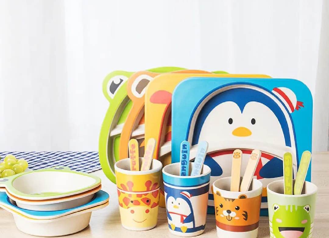 Eco-Friendly Bamboo Fiber Children Tableware Set - 5-Piece Feeding Set with Colorbox Packing, Recyclable Kids Dining Dish