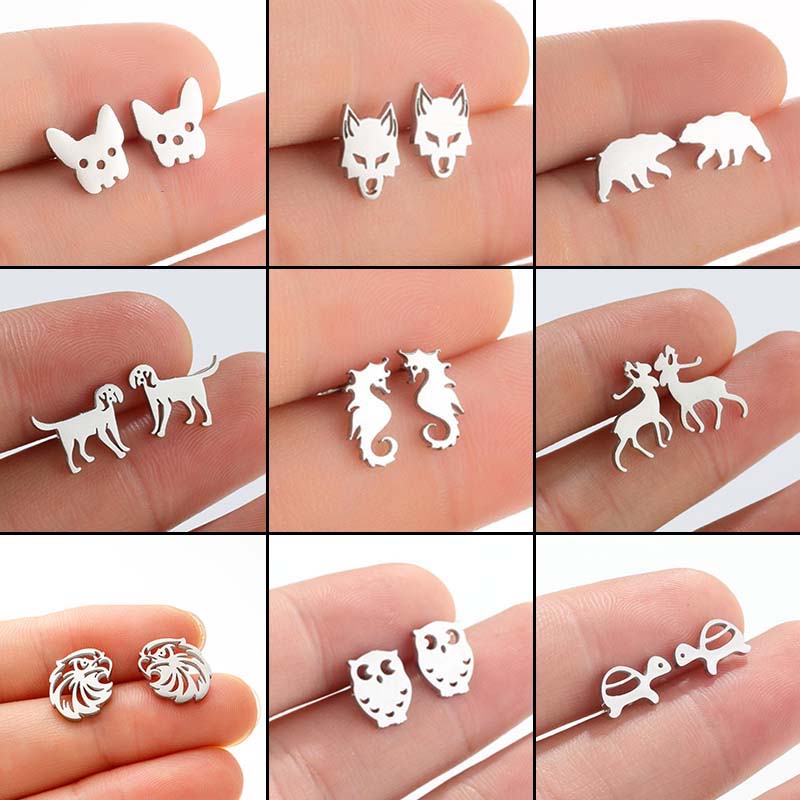 Mini Cartoon Stainless Steel Owl Eaglr Earring for Women Bear Seahorse Ear Jewelry Girls New Years Multiple Animal Earrings
