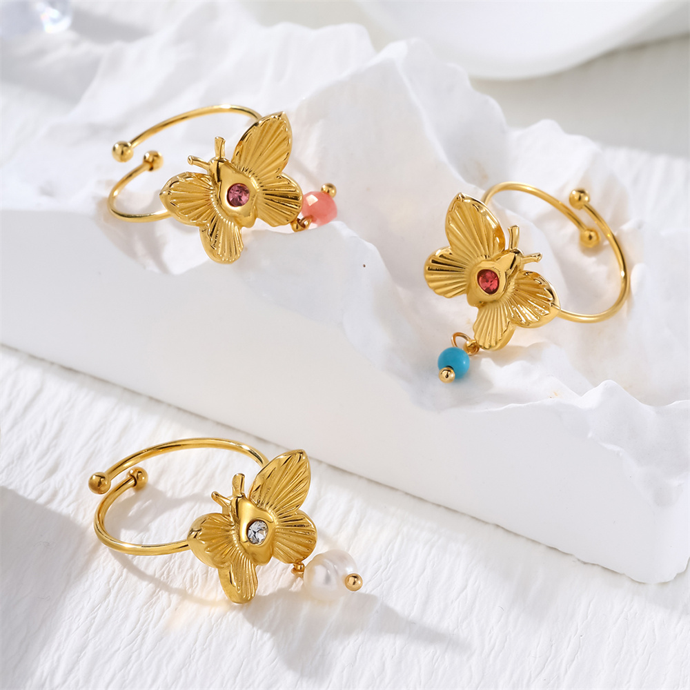 Kissmoon 18K Gold Zircon Butterfly Ring for Women Stainless Steel Fashion Exquisite Natural Stones Ring Jewelry Accessories