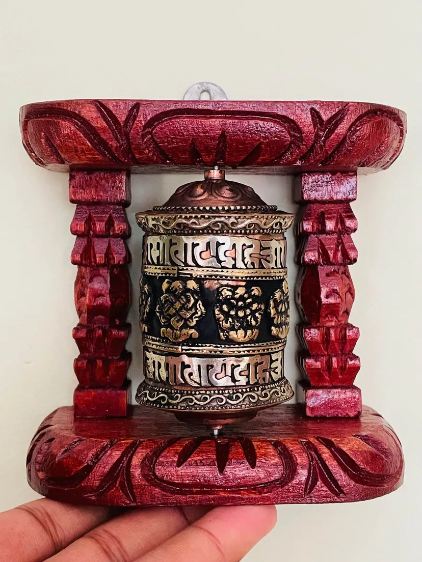 Tibetan Buddhist Prayer Wheel with Wooden Frame for Indoor Home Decoration