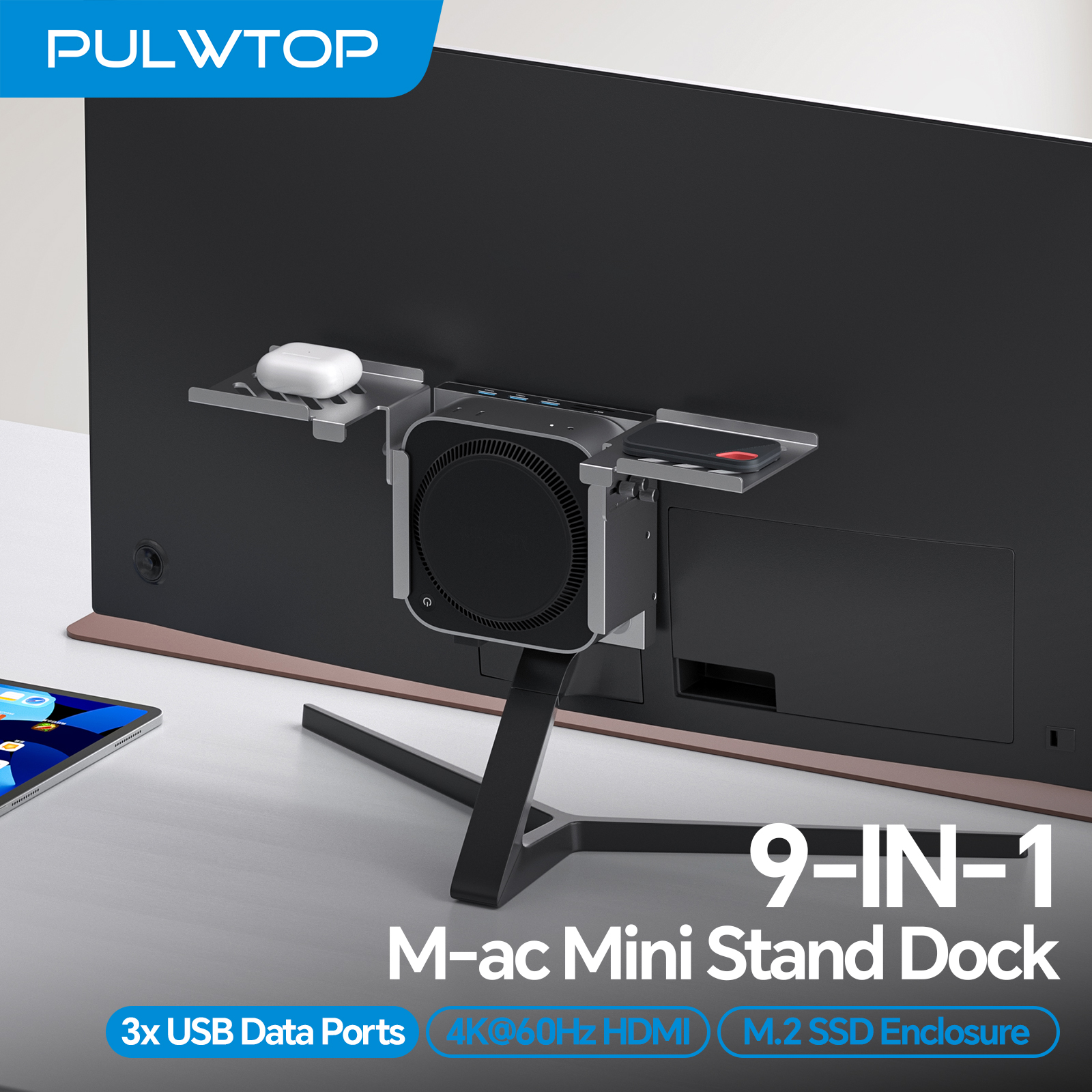 PULWTOP Mac Mini M4 Hub with M.2 SSD Enclosure, HDMI 4K, USB A 10Gbps, Metal Bracket Holder for Monitor, Desk and VESA Port