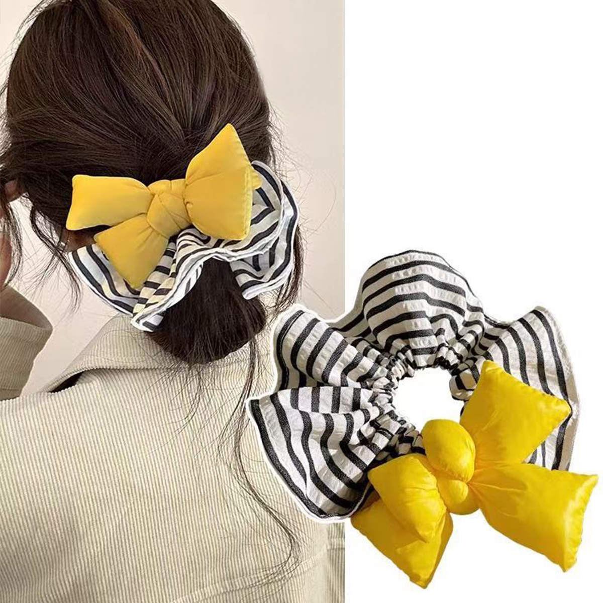 Yellow cotton bow black and white striped pleated large intestine hair tie, fashion versatile cute sleep hair tie hair accessory