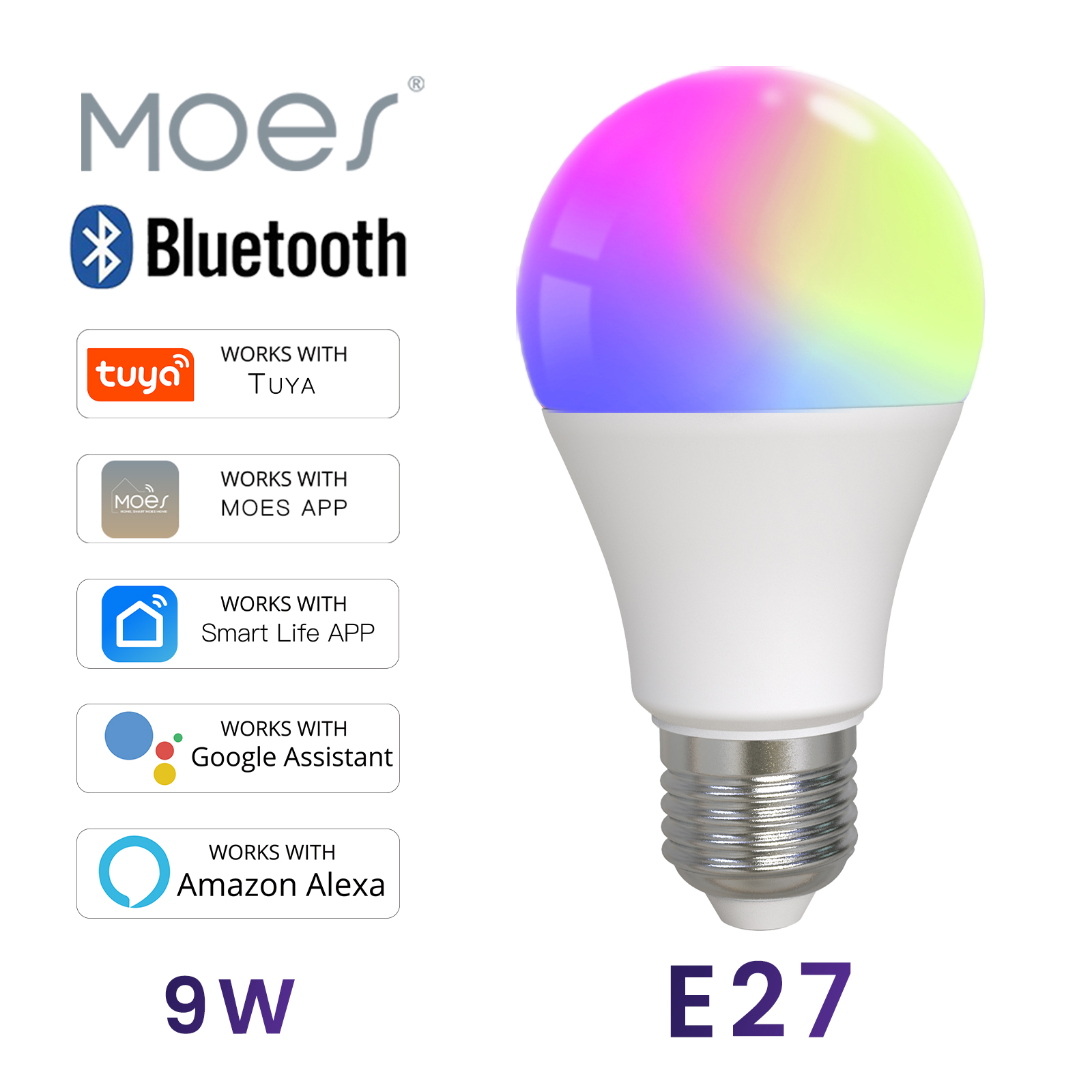 MOES Bluetooth Smart LED Bulb 9W E27 Dimmable Color Adjustable Voice Control Compatible with Alexa Tuya Smart APP