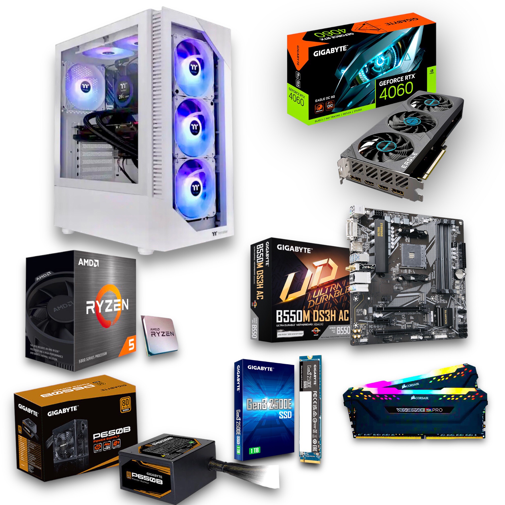 Gaming PC Ryzen 5 5600X/ B550M Wifi Board/ RTX 4060, 16GB RAM, Thermaltake Casing