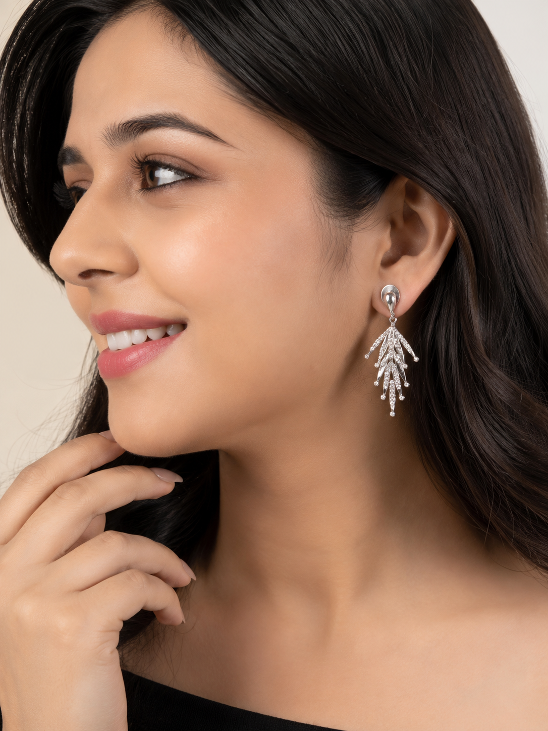 Women's Silver Crystal Leaf Tassel Drop Earrings | Elegant Party & Wedding Dangle Earrings