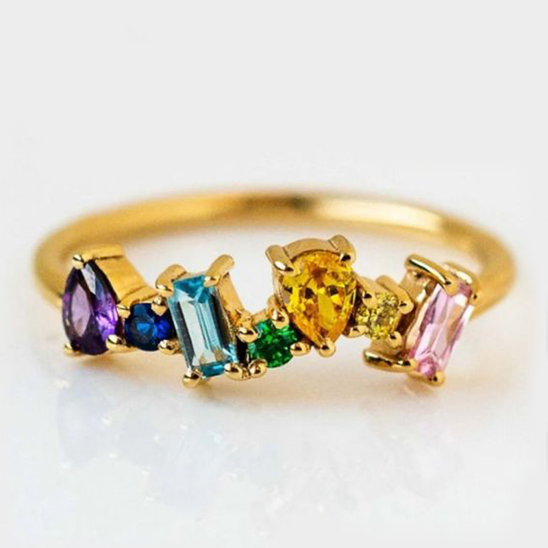 Huitan Rainbow Colored CZ Gold Color Finger Ring for Women Luxury Accessories New Fashion Female Rings Party Statement Jewelry