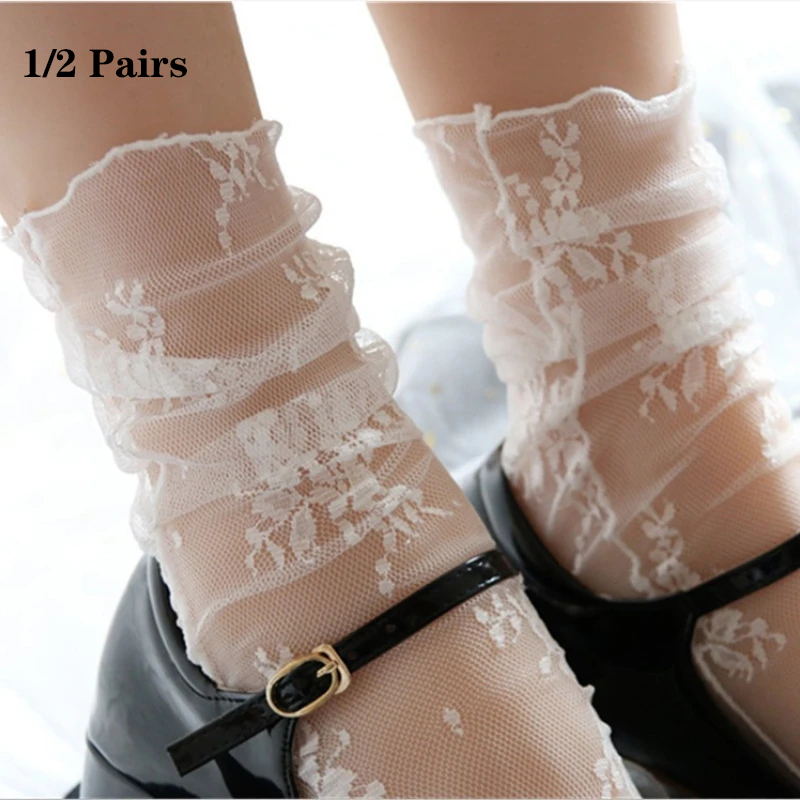 1/2 Pairs Thin Socks Women Summer Ultra Breathable Transparent Lace Socks Lolita Soft White Ins Mid Socks Fishnet Woman