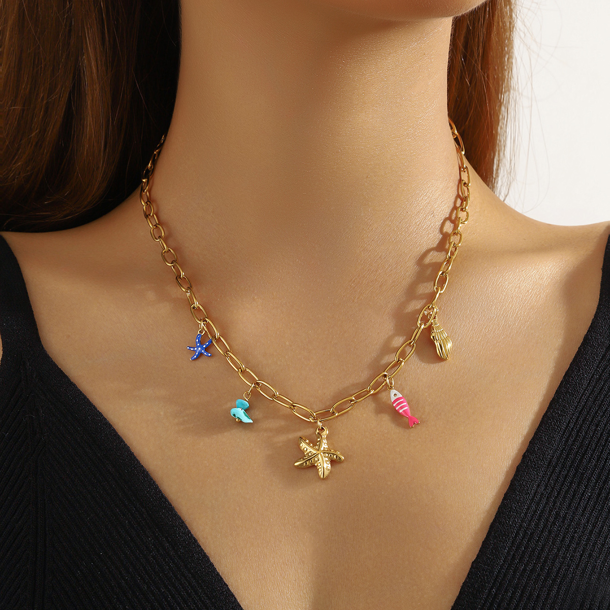 Stainless Steell Cute Cartoon Starfish Small Fish Turquoise Pendant Necklace For Women New Trend Neck Chain Gift pen gpt