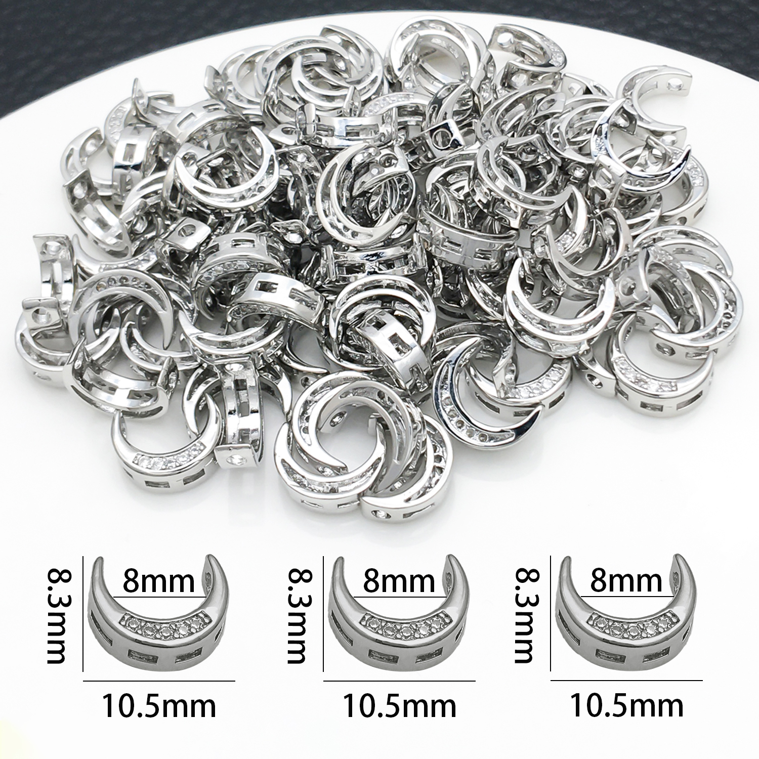 3pcs Luxury Moon Spacer Beads - 18K Gold, Silver & White Gold Plated with Zircon Stones (8mm) - DIY Necklace & Earring Crafting