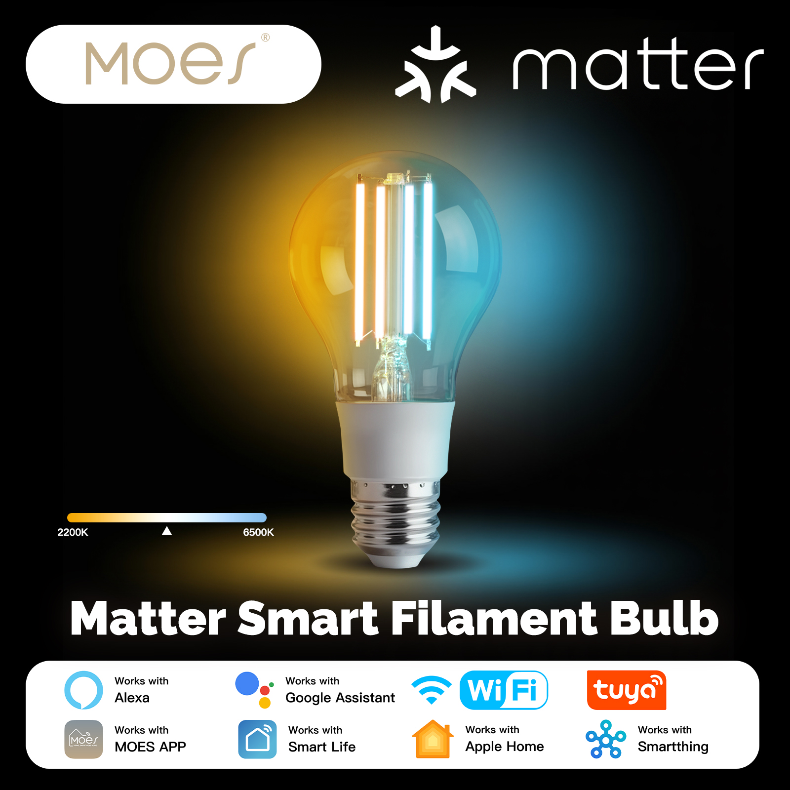 MOSE Tuya Matter WiFi Smart Filament Bulb E27 Energy Saving Light Dimmable APP Remote Control Alexa GoogleHome for Voice Control lightify