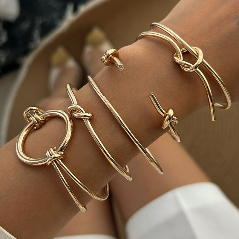 5Pcs Gold Color Knot Circle Cuff Bangle Set For Women Chunky Minimalist Twisted Knot Open Cuff Bracelets Trendy Jewelry New