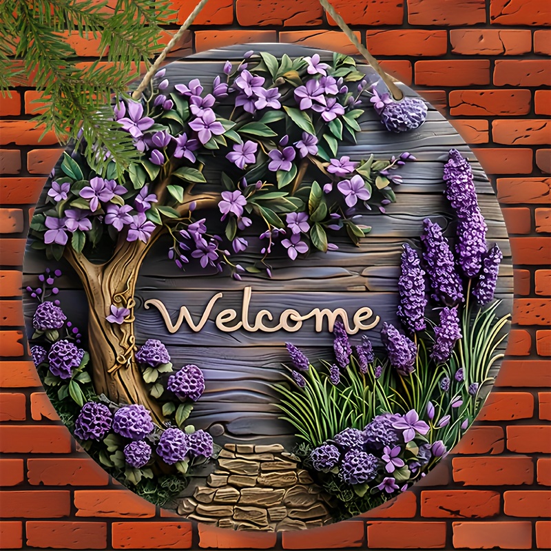 Classic welcome sign with lavender wreath design 7.87-inch wooden door pendant Wall hanging flower theme Multi-purpose home