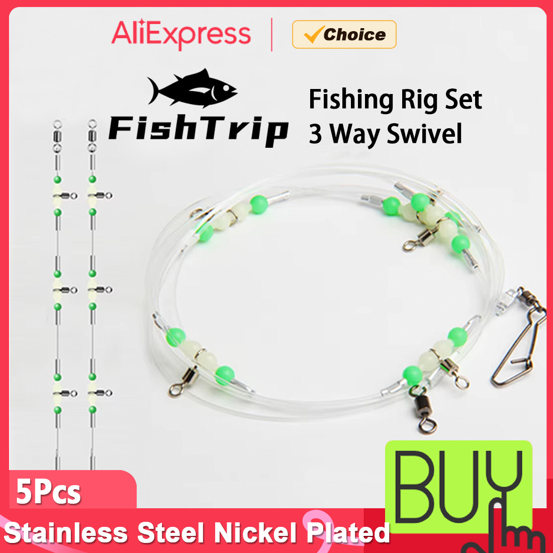 FishTrip Fishing Rig Set 3 Way Swivel with Night Luminous Beads Saltwater Hook Connectors for Fishing Line and Weight 2/3/4 Hook