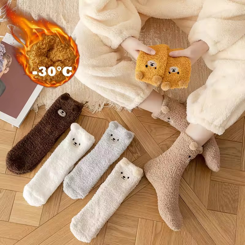 Cute Bear Socks Women Coral Velvet Thick Plush Warm Socks Sleep Fluffy Socks Cute Cartoon Lovely Floor Fuzzy Socks Winter