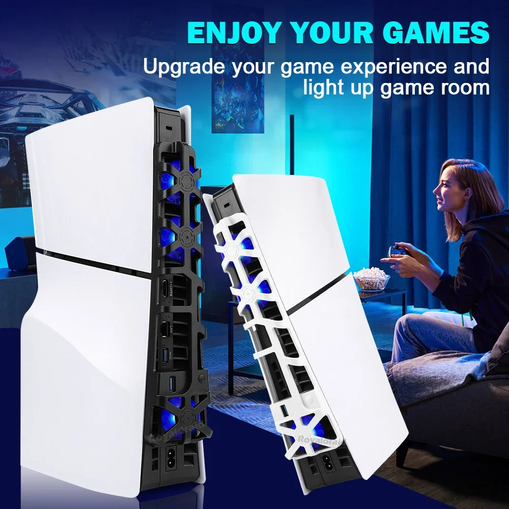 Side-Mounted Cooling Fan w LED Light 2 USB Ports Game Console Cooling Fan Side Cooler For PS5 SLIM Gaming Console
