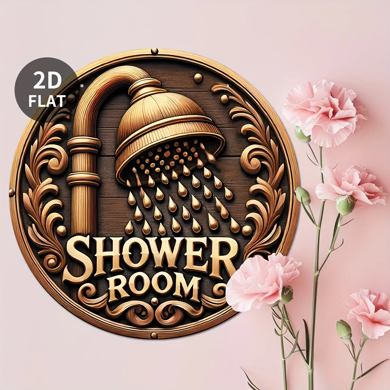 2D Flat, 1pc Bathroom Decor - Vintage Shower Room Sign with Golden Showerhead Design - Elegant Bathroom Decoration Plaque - Easy
