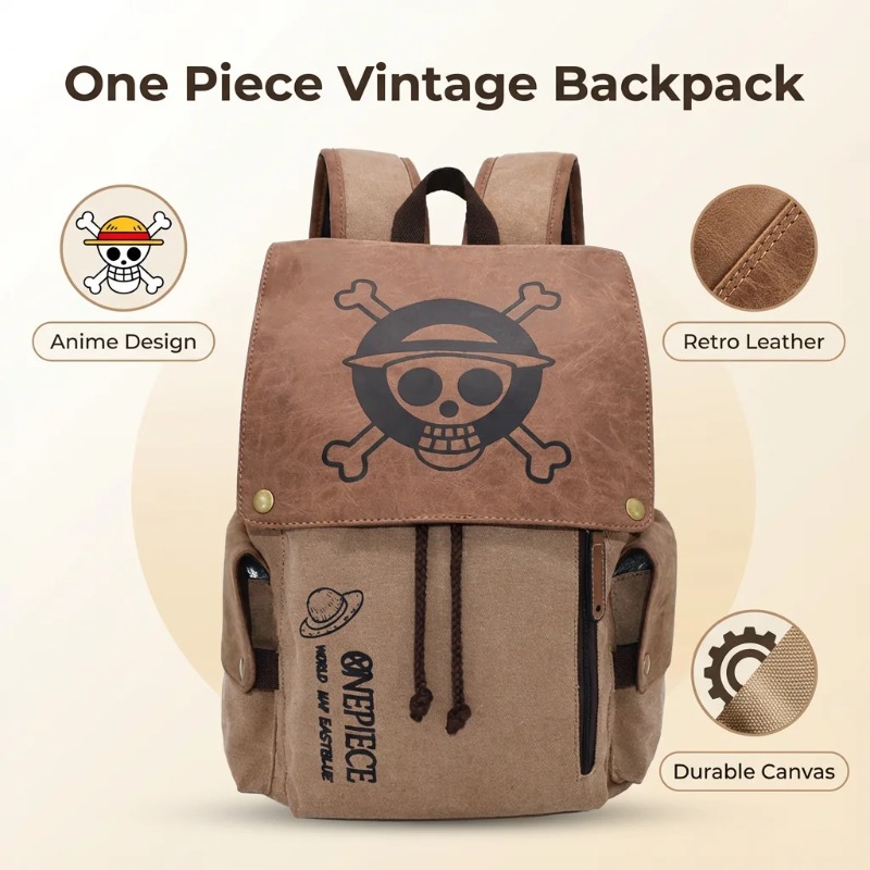 One Piece Anime Backpack Vintage Canvas School Bag Straw Hat Pirate Skull Print Travel Daypack for Men Women