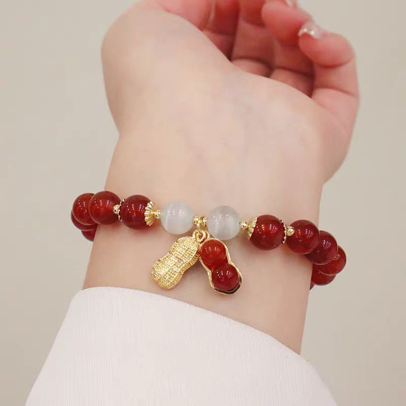 1PC New Year Lucky Beaded Bracelet Elegant Red Beads Peanut Pendant Charm Bangle Chinese Style Jewelry For Women Festival