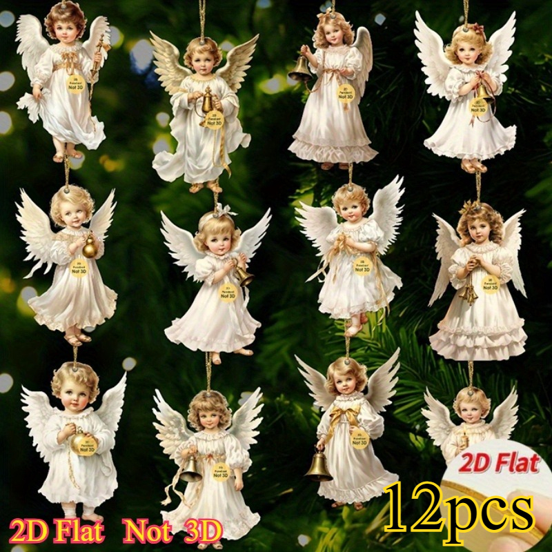 12pcs Vintage Angel Wooden Pendants, Artificial Wood Hanging Ornaments, Perfect for Home & Outdoor Holiday Decor