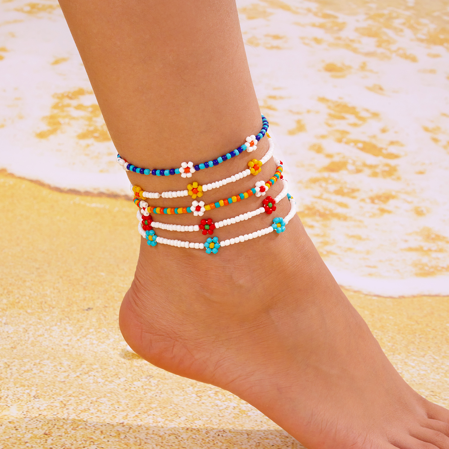 New Bohemian Colorful Flower Beaded Anklet for Women Cute Flower Seed Bead Foot Chain Charm Ankle Bracelet On The Leg Jewelry