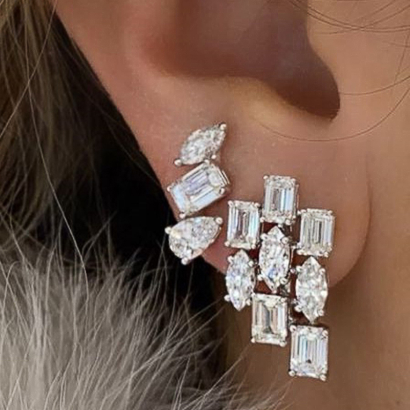 Huitan Statement Stud Earrings for Women Geometric Shaped Inlaid Blue Cubic Zirconia Luxury Fashion Versatile Jewelry Bulk