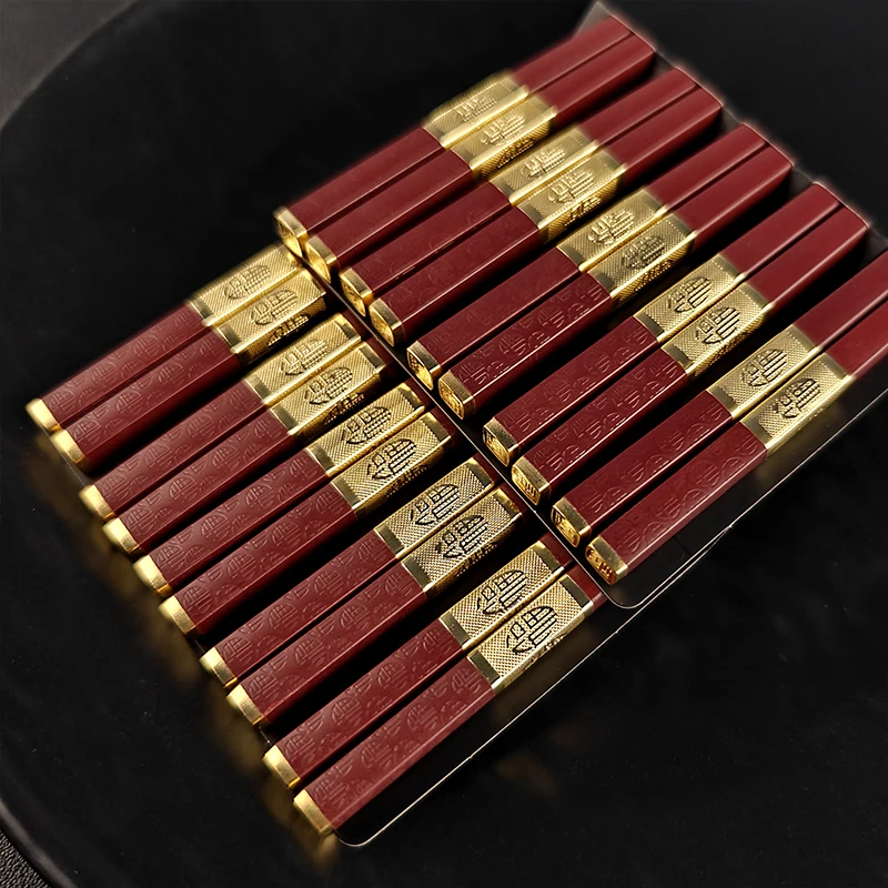 5/10 Pairs Red Chinese Chopsticks Reusable Square Food Chopsitcks Light Luxury Alloy Chopsticks Hotel Restaurant Alloy Tableware