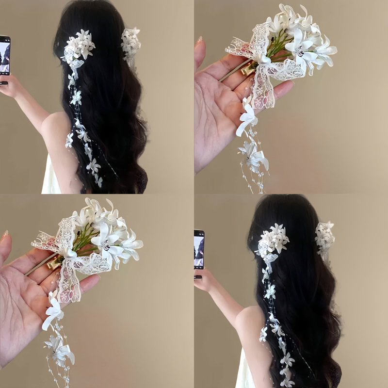 Fabric lace bow flower tassel duckbill clip sweet Lolita fresh hair clip elegant versatile Fashion hair accessory for women