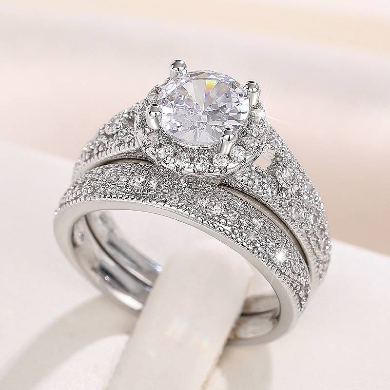 Huitan 2Pcs/Set Women Ring Versatile Lady Party Luxury Wedding Accessories Elegant Grain Design Jewelry Inlaid Shining Round CZ