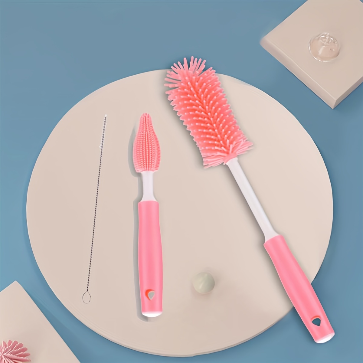 3pcs/set Long Handle Silicone Baby Bottle Brush Set: Baby Bottle, Water Bottle Brush,Nipple Brush, Straw Brush