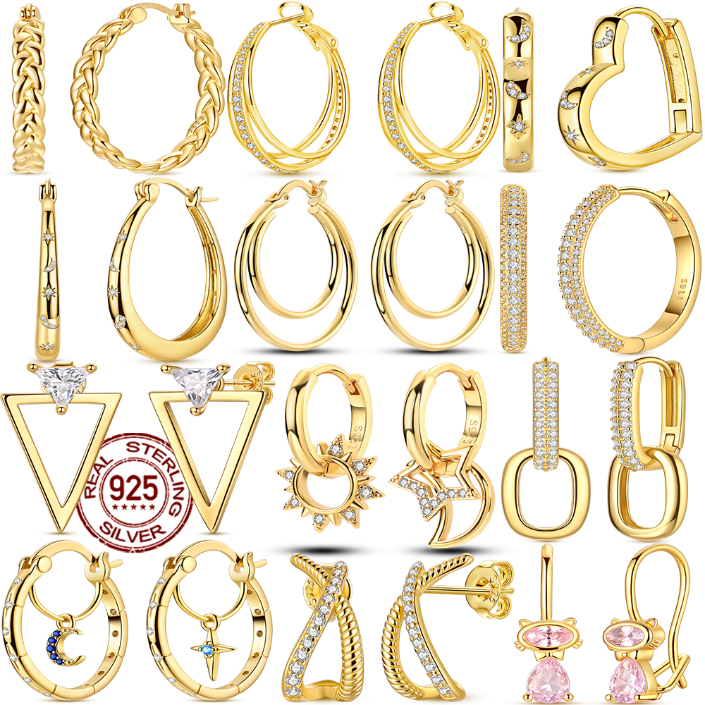 Hot Sale Gold Color Silver 925 Earring For Woman Round Sun Moon Heart Hoop Earring Original Jewelry