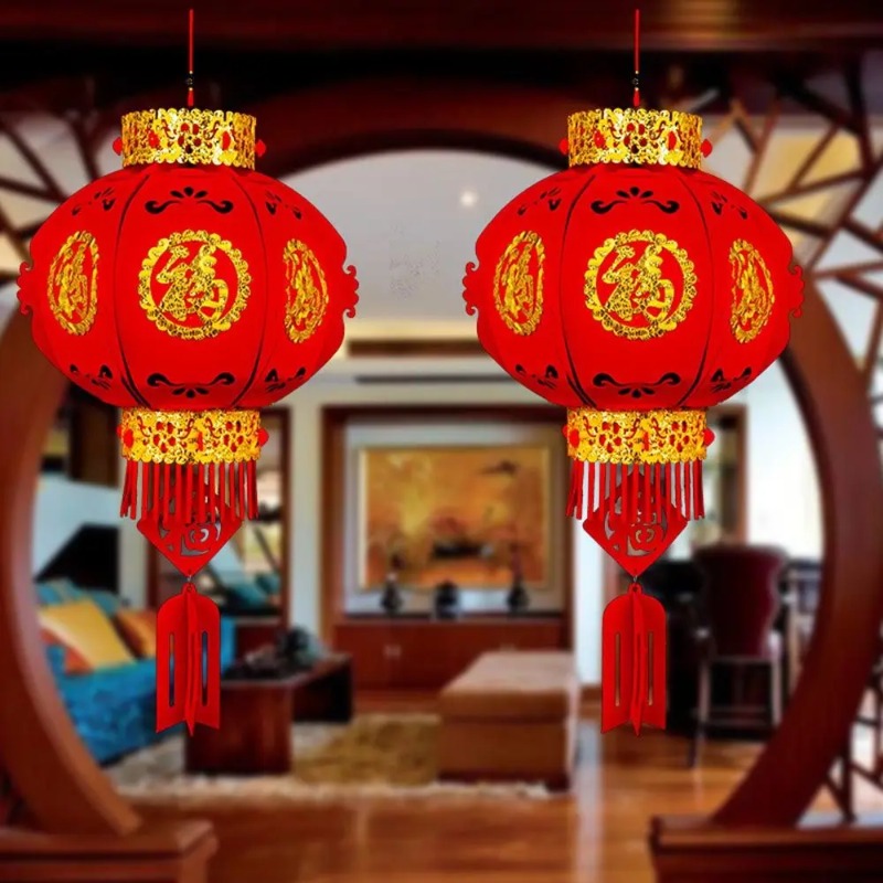 1pc Handcrafted Spring Festival Decor Set, Golden Fu & Red Paper Lanterns, Traditional Craft for Chinese New Year