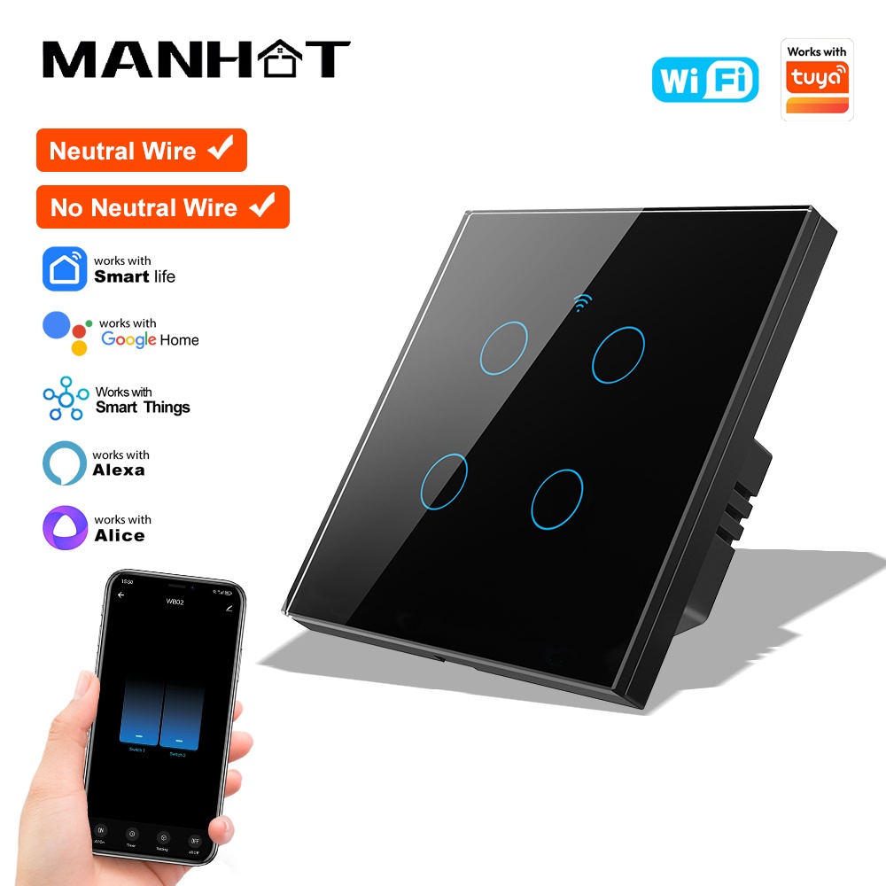 Manhot EU Wifi Smart Wall Touch Switch Neutral Wire/No Neutral Wire Required App Remote Control Work with Tuya Alexa Home
