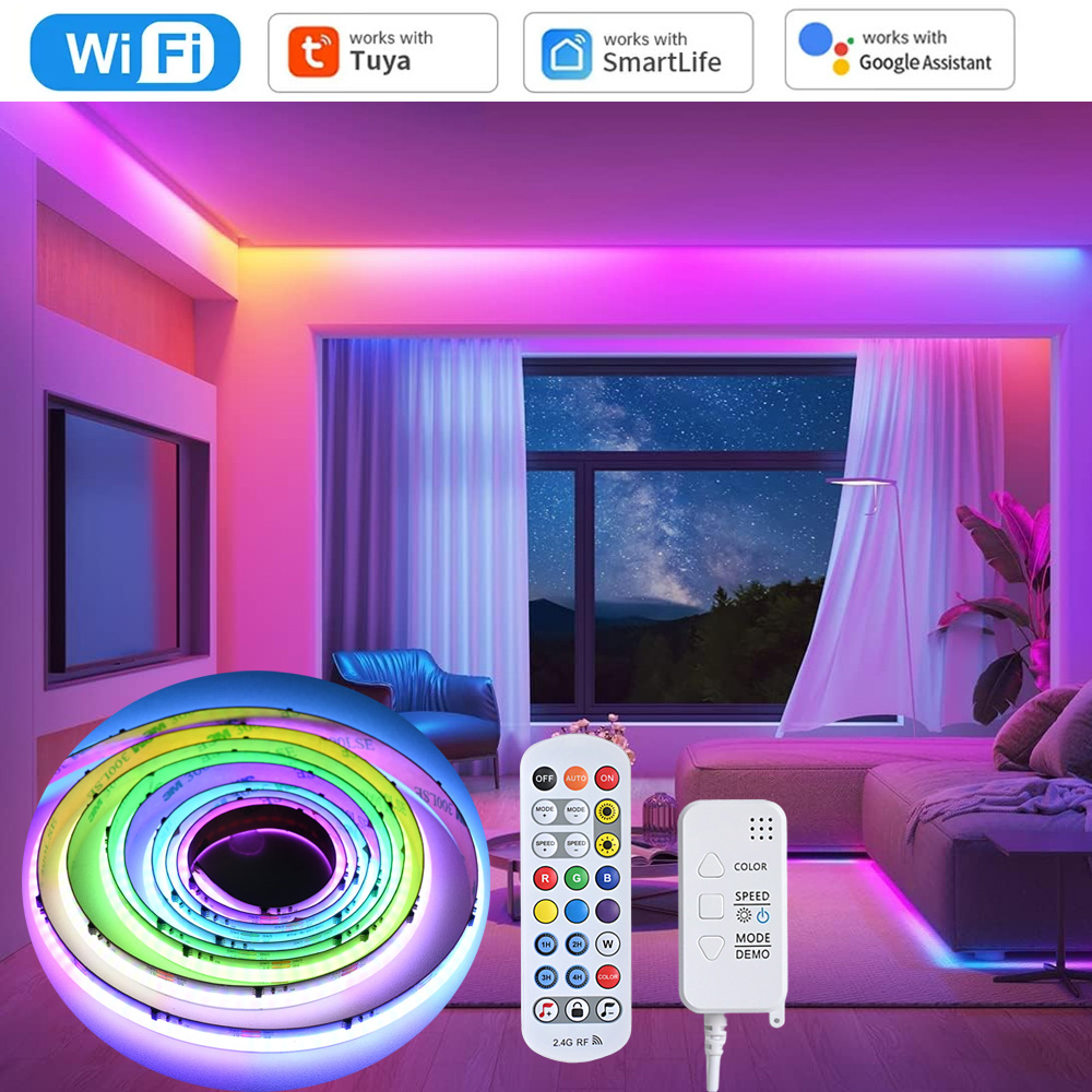 Tuya WiFi COB RGBIC LED Strip 12V 5m Music Sync Dream Color WS2811 Addressable Party Light RF Remote Control F Alexa Home