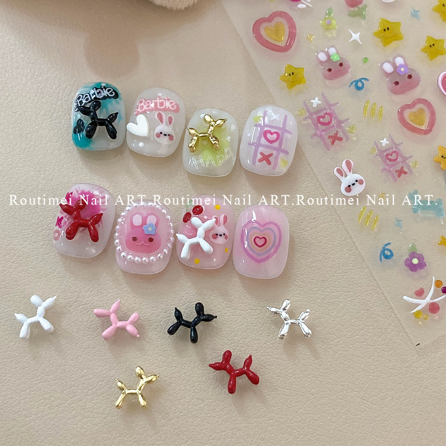 10pcs Cute Puppies Summer Cartoon Nail Charms Parts Bulk Colored Balloon Puppy Nail Art Decoration Kawaii Accessories DIY Supply
