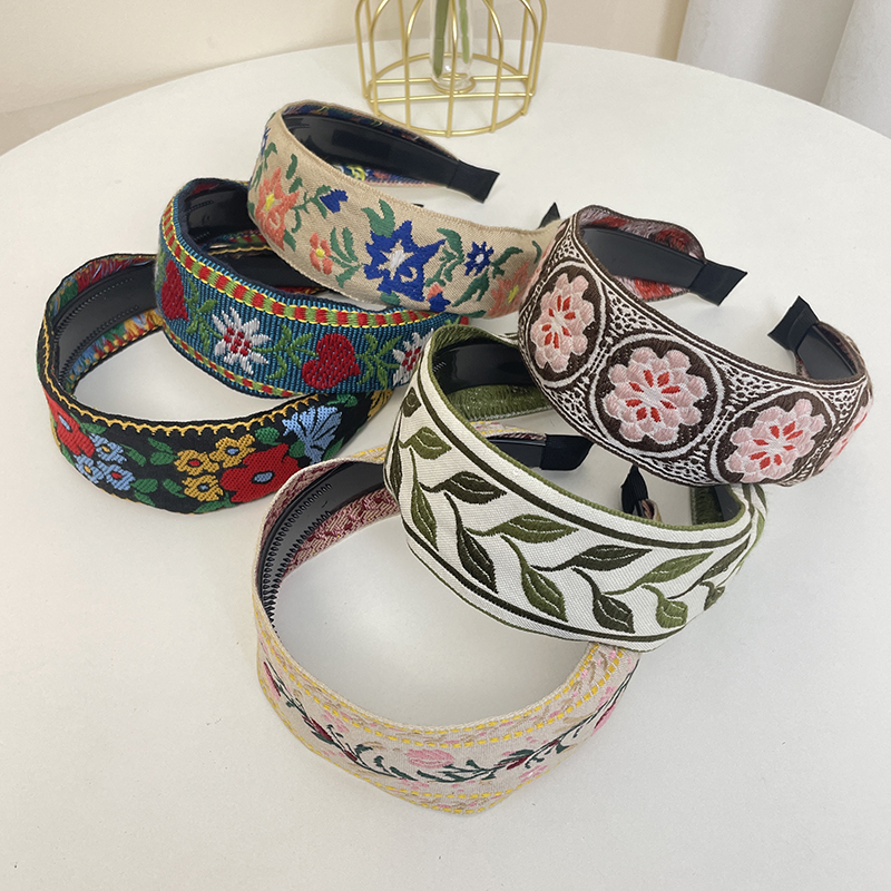 New Bohemian Style Embroidery Headband Ethnic Wide-brimmed Hair Hoop Leaf Flower Pattern Hair Accessories Headwear