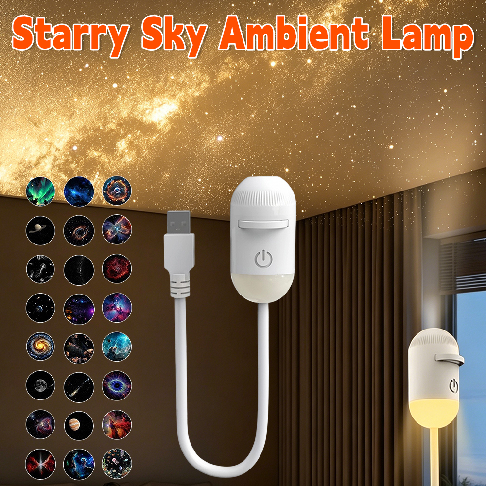 Portable USB Star Projector Lamp with Interchangeable Films 360° Adjustable Night Light for Bedroom Home Party Decor