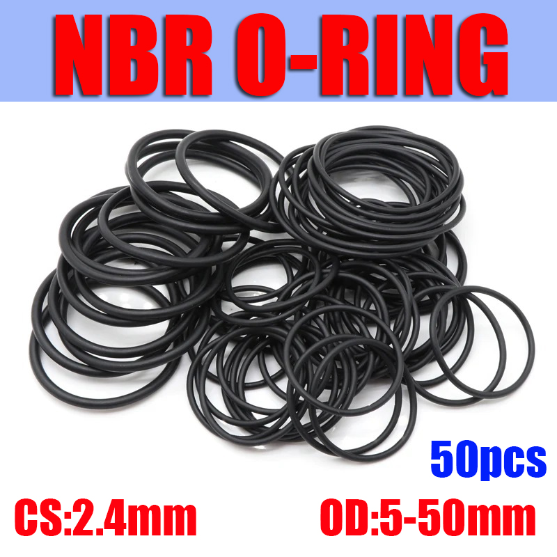 50pc NBR O Ring Seal Gasket Thickness CS 2.4mm OD 5~50mm Nitrile Butadiene Spacer Oil Resistance Washer Round Shape Black