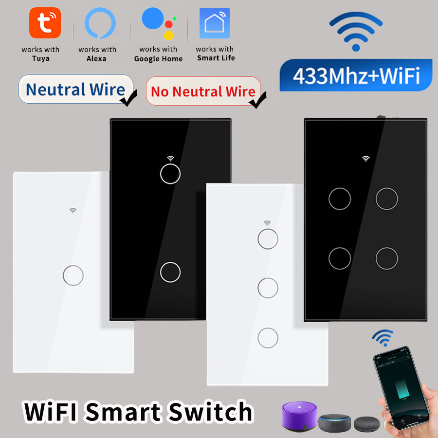 Tuya WiFi Smart Home Light Switch RF433 Neutral Wire/No Neutral Wire Required US Wall Touch Switches Support Alexa Home lightify
