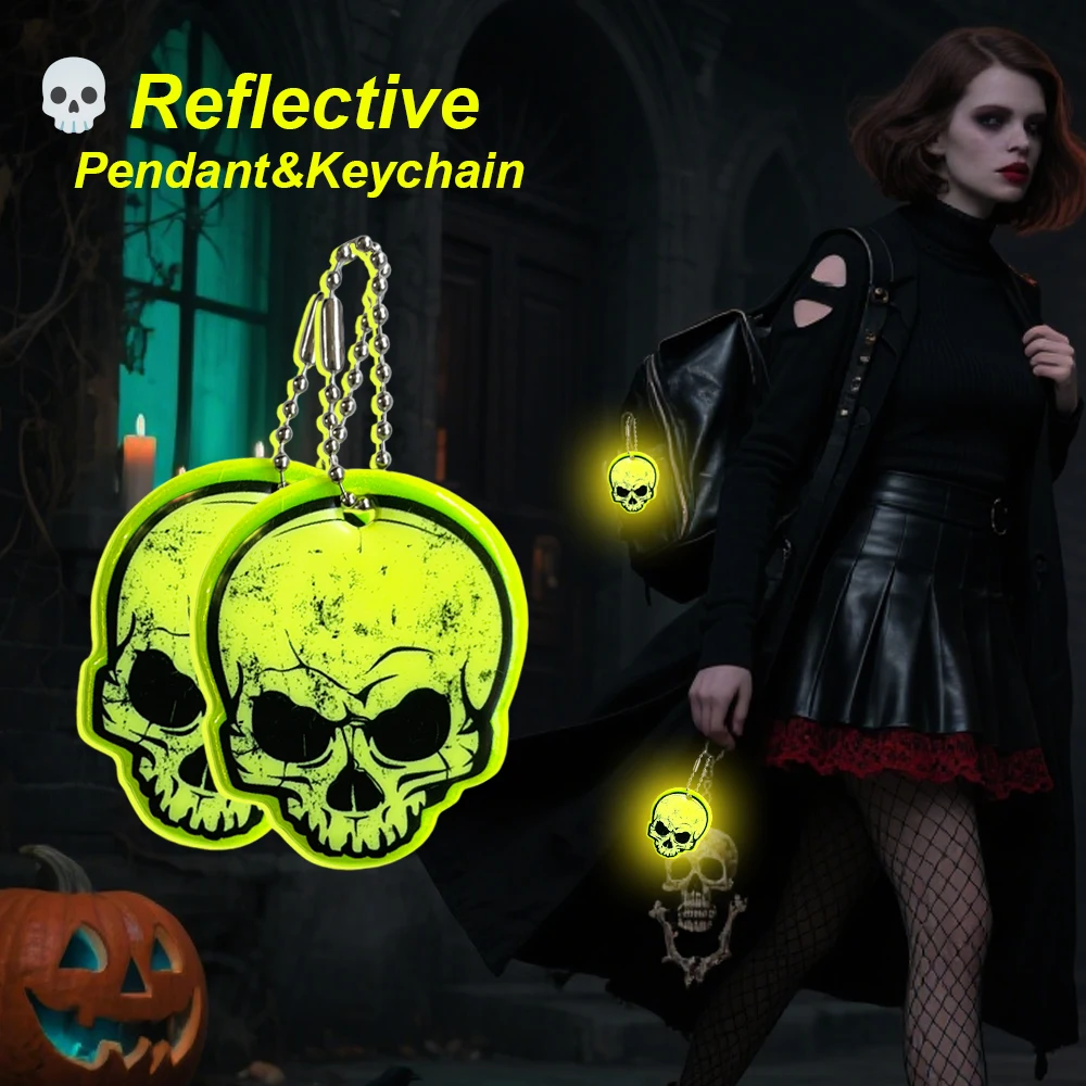Funny Skull Reflective Pendant Creative Fashion Night Reflective Decoration Key Chain Backpack Accessory, Halloween Small