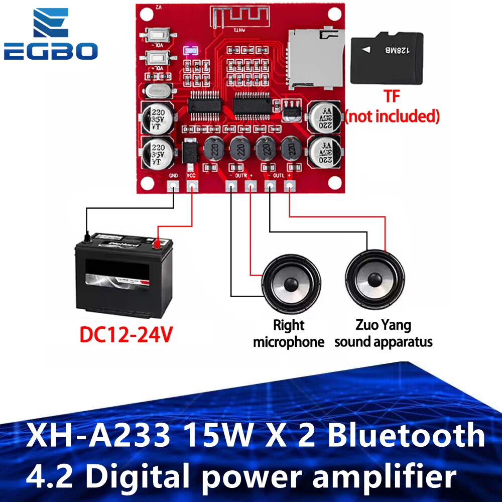 XH-A233 15W X 2 Bluetooth 4.2 Digital power amplifier board Stereo TF Card Play 12v~24v Audio Amp