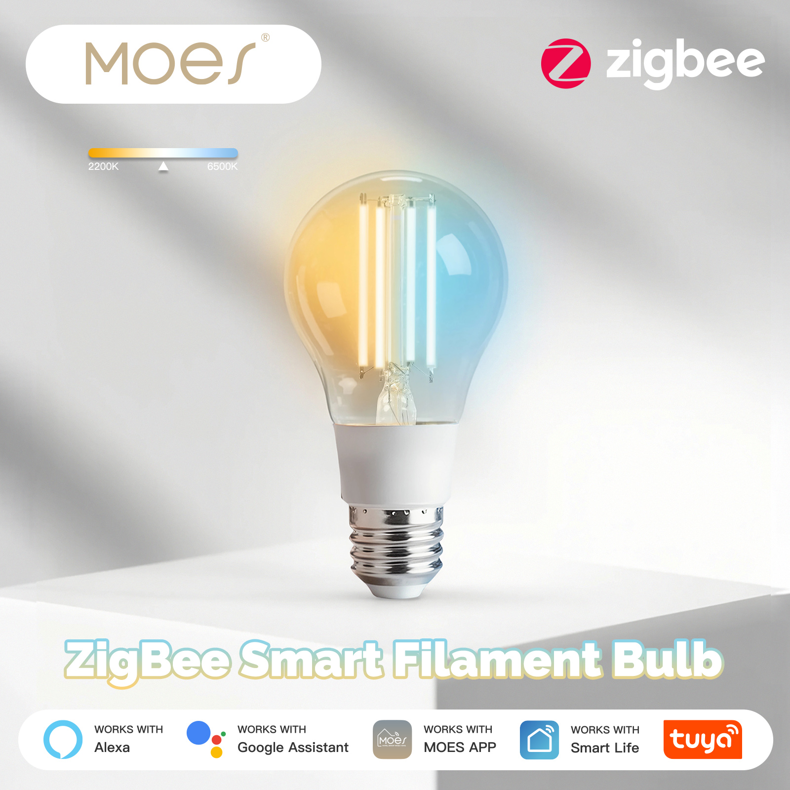 MOES ZigBee Smart LED Edison Bulb 7W E27, Dimmable, Works with Alexa & Home, Voice Control, Vintage Filament Light