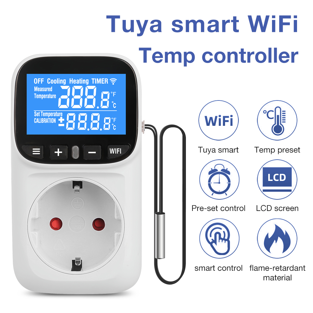 TUYA WIFI Temperrature Controller Socket With Sensor LCD Digital Backlight Smart Thermostat 16A EU Plug APP Control Timer Outlet