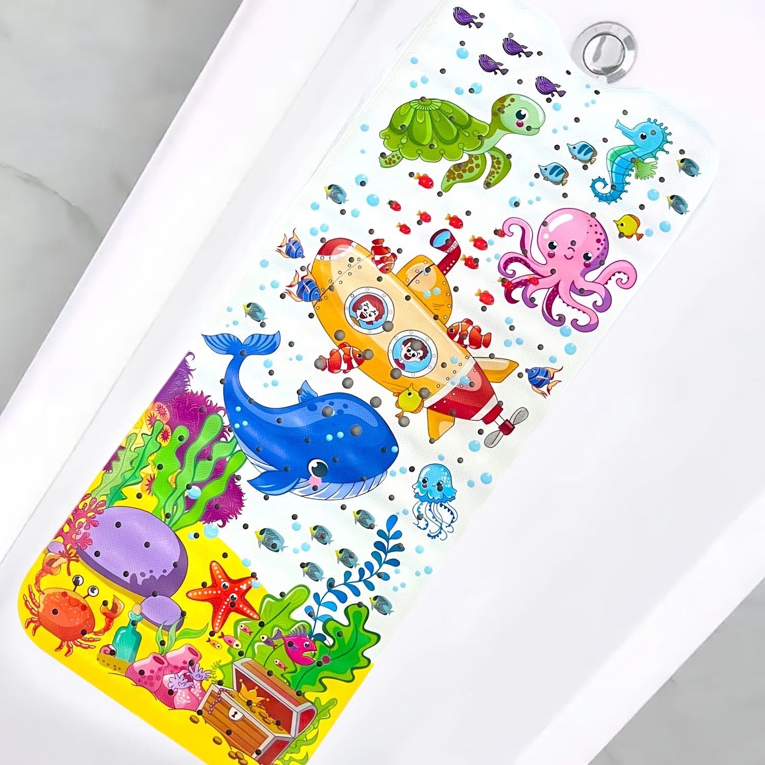 1pc Bath Mats 40x100cm / 16*40inch Cartoon Bathtub Mat Non Slip with Suction Cup Drain Holes Toddler Shower Mats PVC Bath Rug
