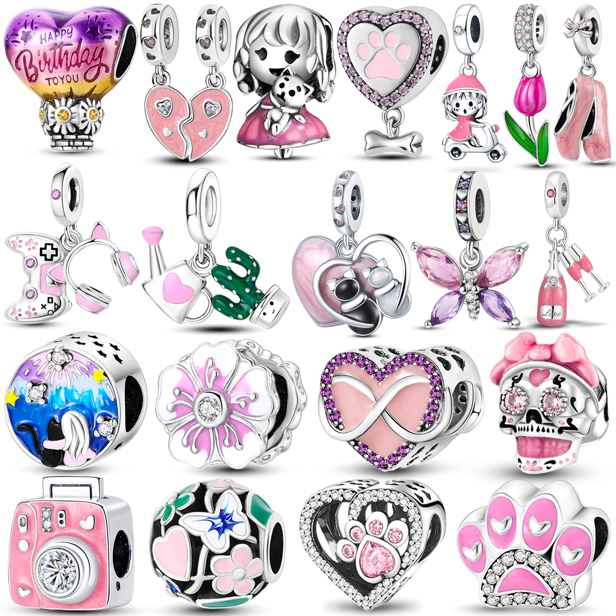 Pink Color Series Charms Beads Silver Plated Cute Girl Pink Dangle Flower Heart Pendant Fit Bracelet Necklace Jewelry