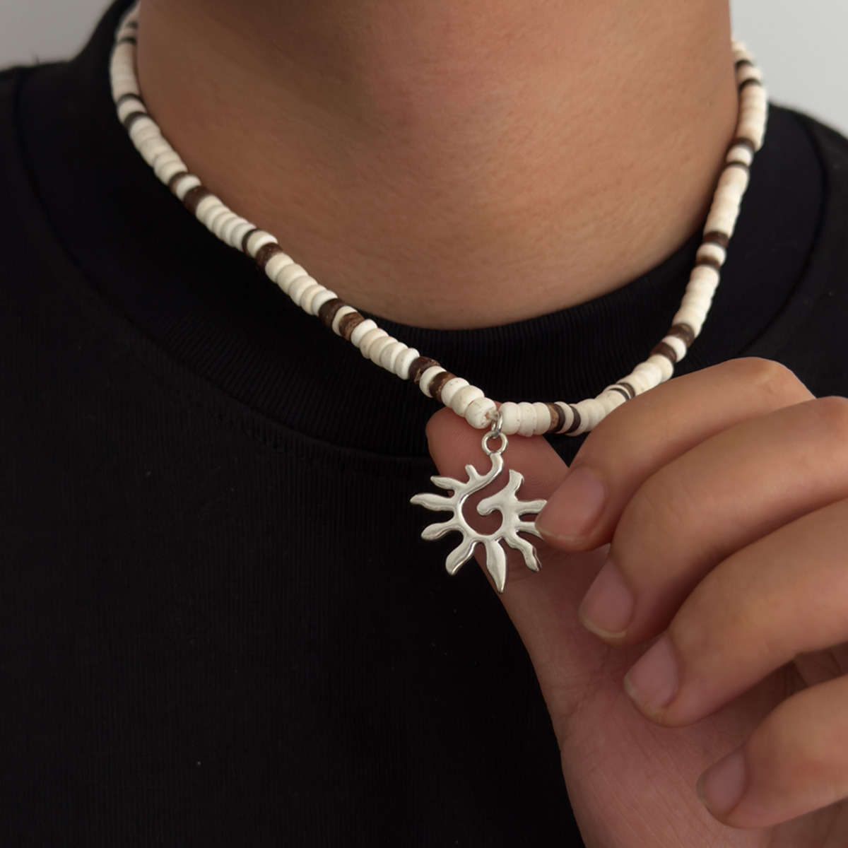 SHIXIN Minimalist White/Brown Wooden Bead Chain Choker Necklace for Men New Trendy Sun Pendant Necklace Male Jewelry Accessories