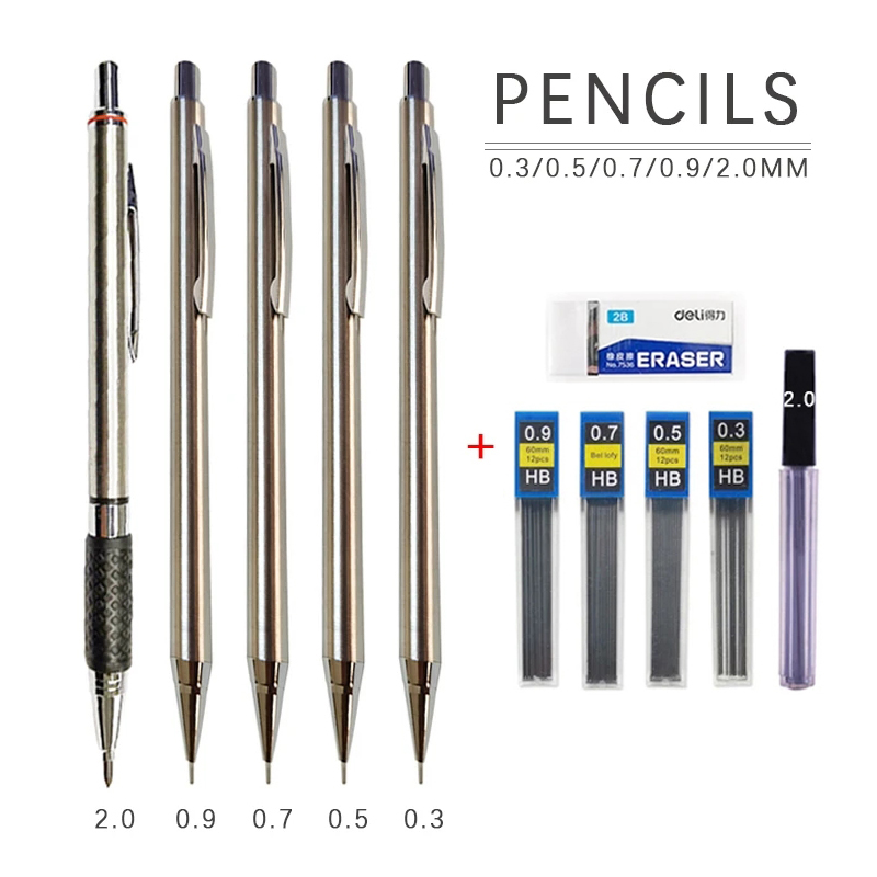 0.3 0.5 0.7 0.9 2.0mm Full Metal Mechanical Pencil Set School Art Sketch Writing Stainless Steel Automatic Pencils Kawaii Supply pen gpt