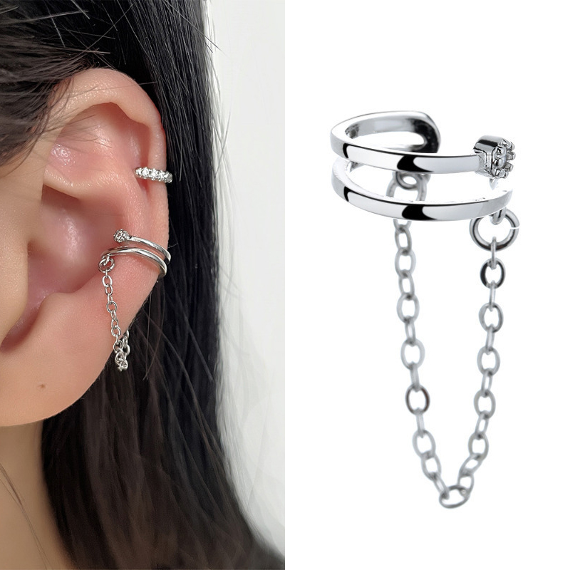 A Girl 1Pcs Double layer Chain Earrings for Women Girl Zircon Ear Clip Party Fashion Silver Gold Color Trendy Jewelry