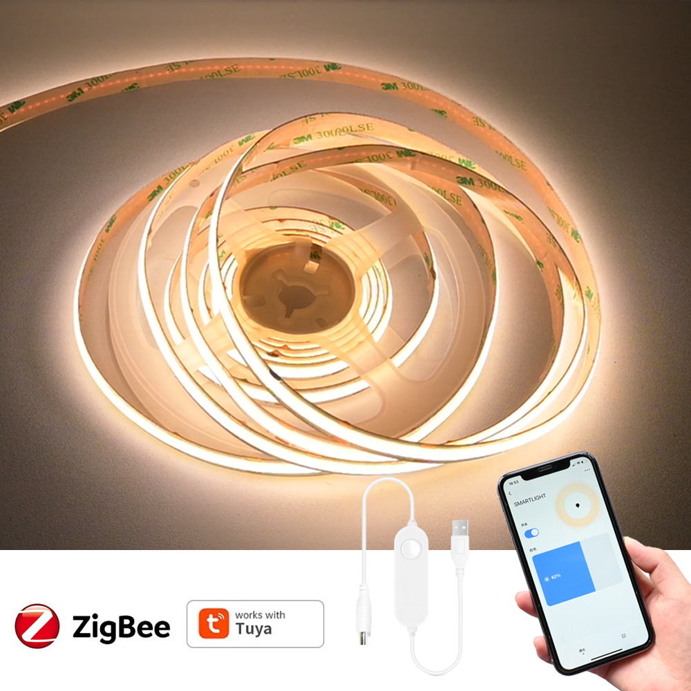Smart USB Tuya Zigbee 5V COB LED Strip 1m 2m 3m 5m Warm White Dimmable Bedside Cabinet Light 3000K for Alexa SmartThings lightify