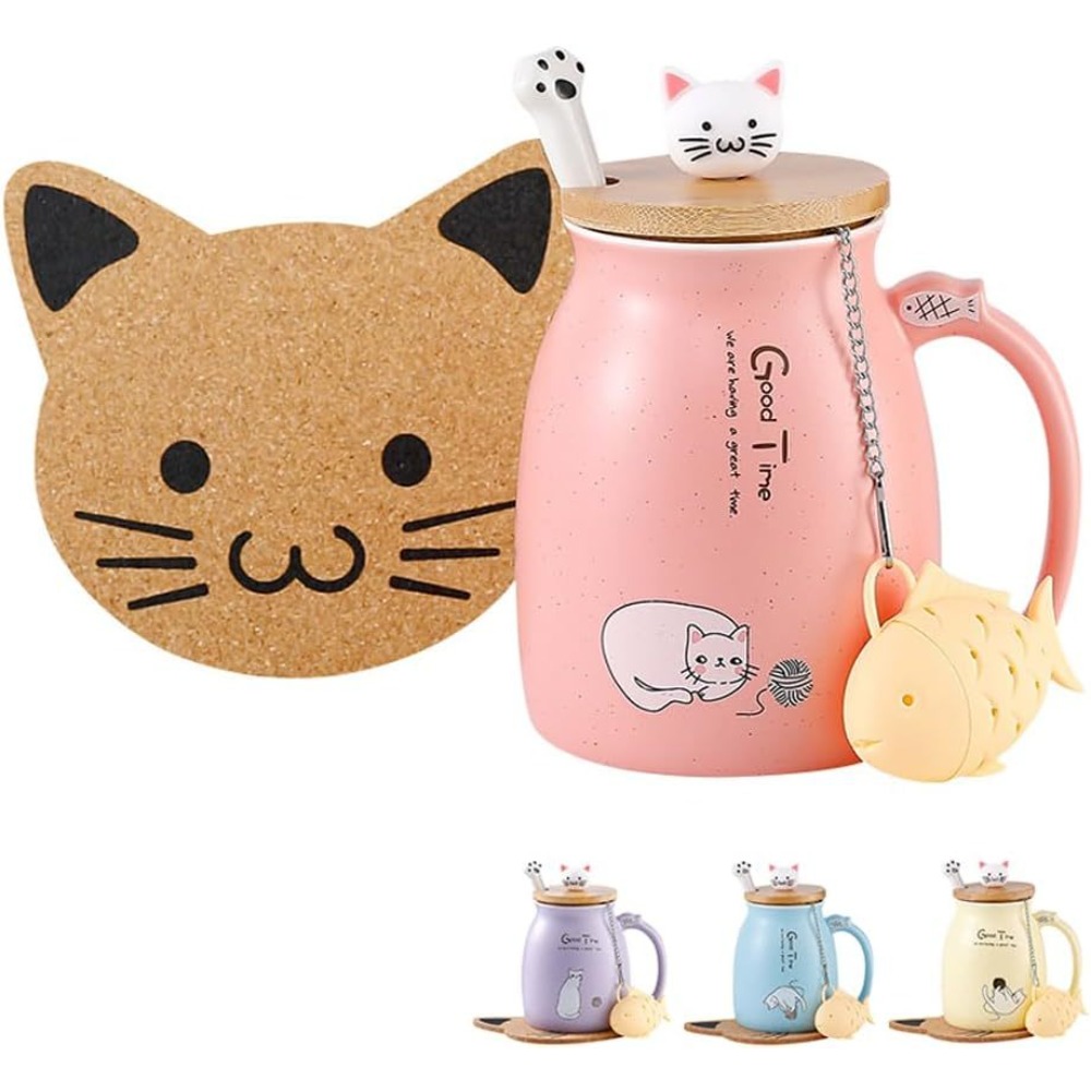 Cute Cat Water Cup Ceramic Coffee Cup with Handle Wooden Lid and Cat Claw Spoon Pink Gift for Cat Lovers 380ml/12oz